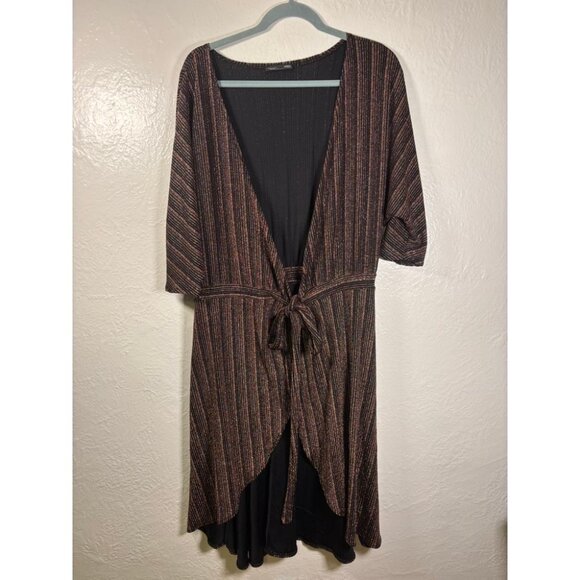 Zara Dresses & Skirts - Zara Wrap Dress Black Copper Pinstripe Metallic Medium Wedding Guest Club Bold